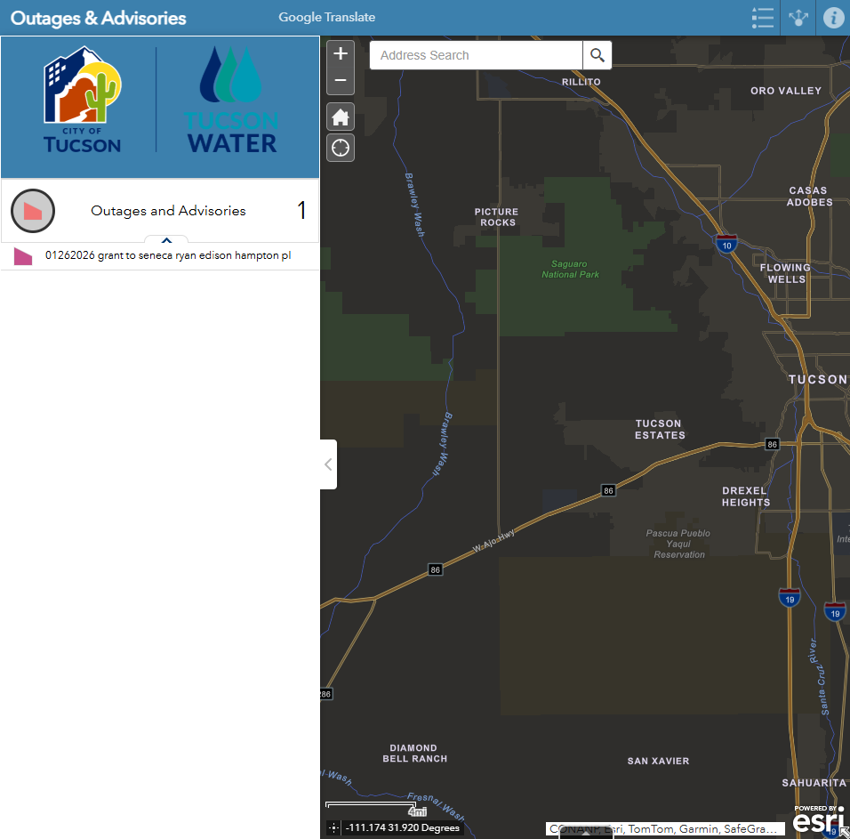 Tucson Water outages and advisories map preview